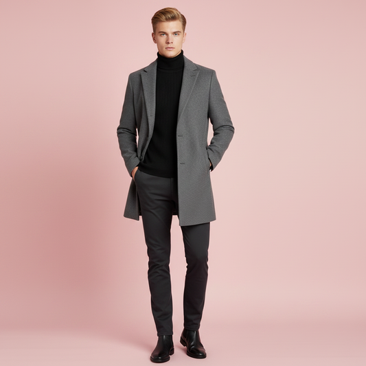 Men's Long Overcoat | Elegant Notched Lapel Design