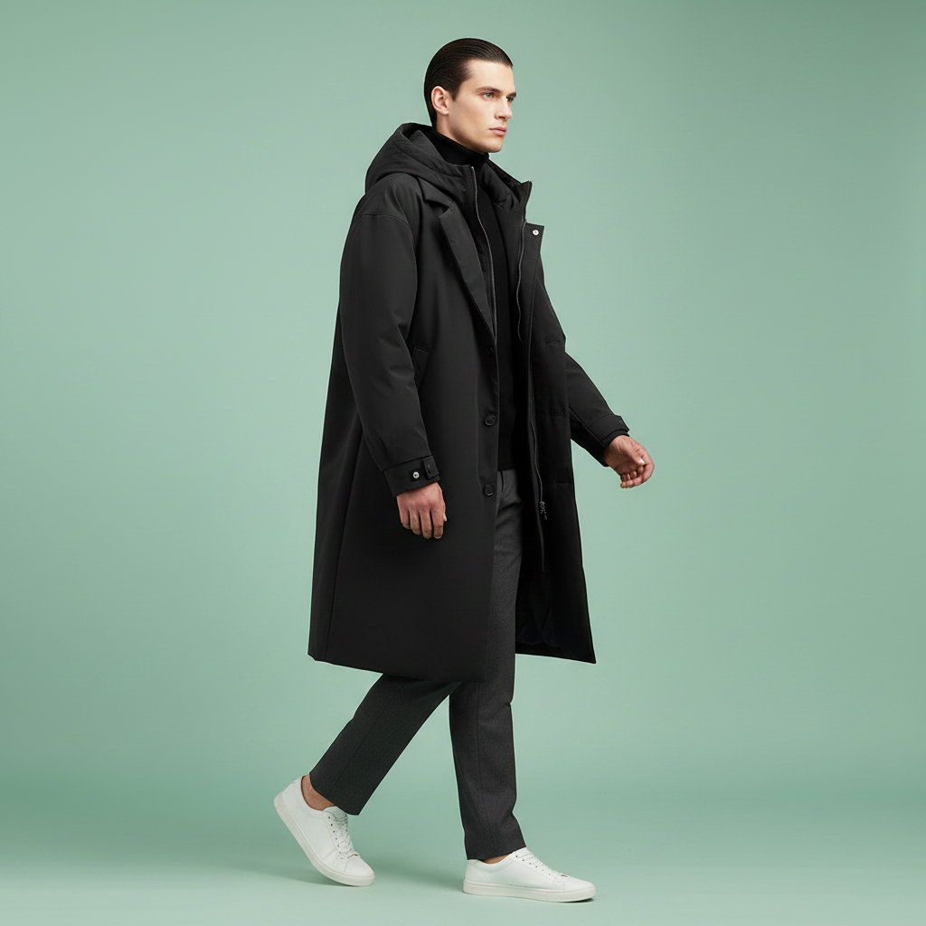 Men's Puffer Trench Coat | Waterproof Long Hooded Jacket